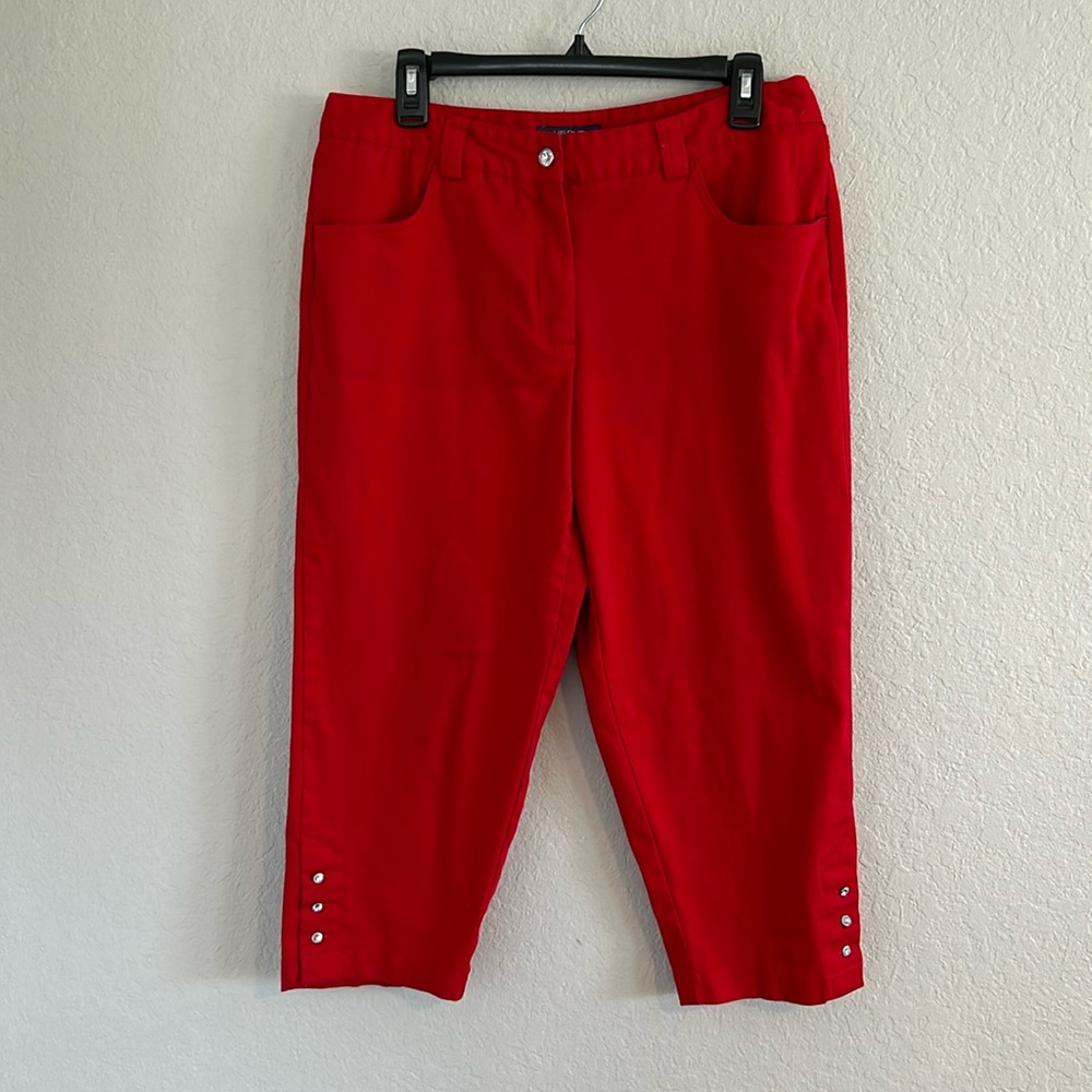 Bright red capris w/ bling buttons